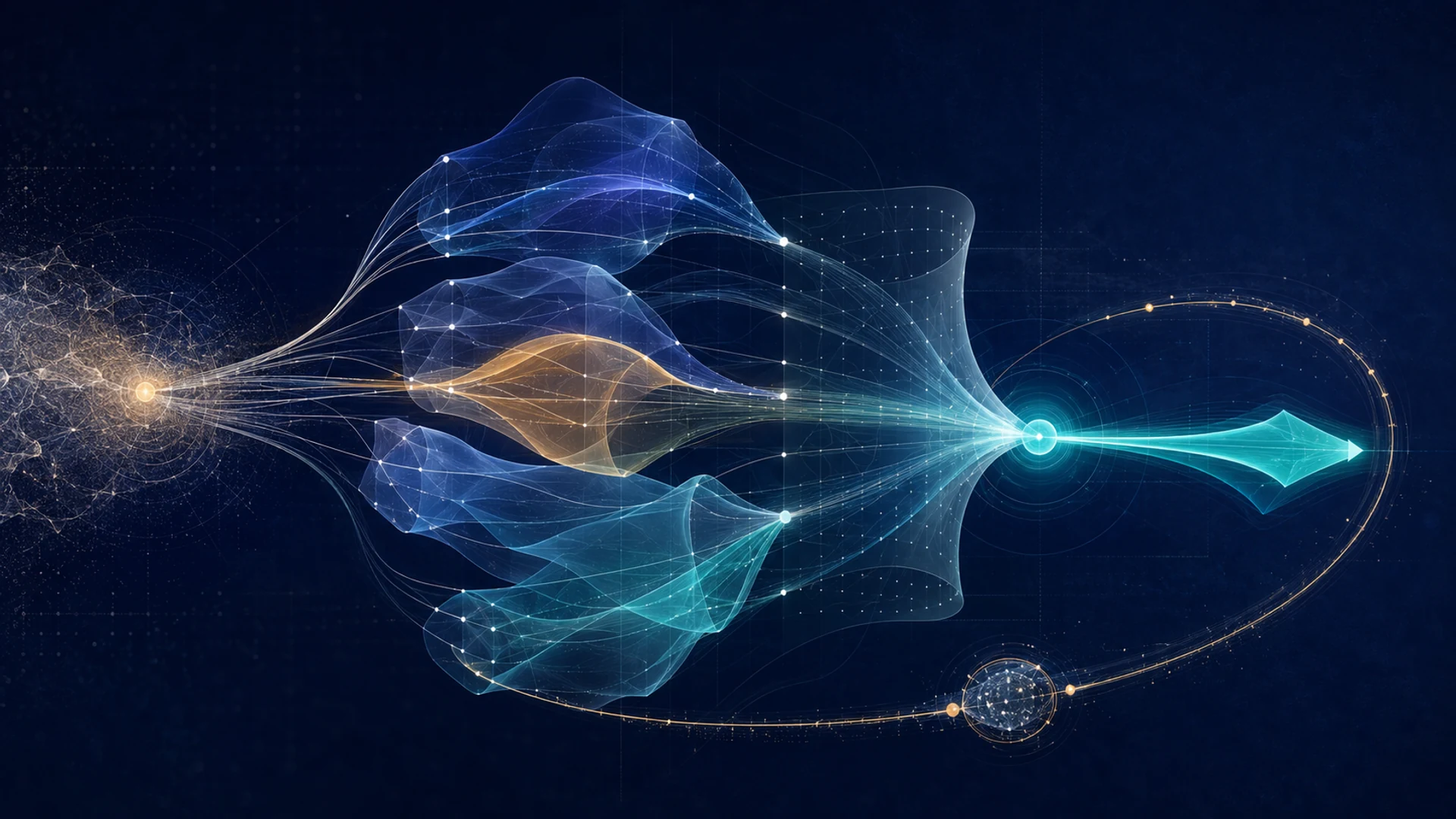 Competing latent-state hypotheses converging through constraints into a validated action
