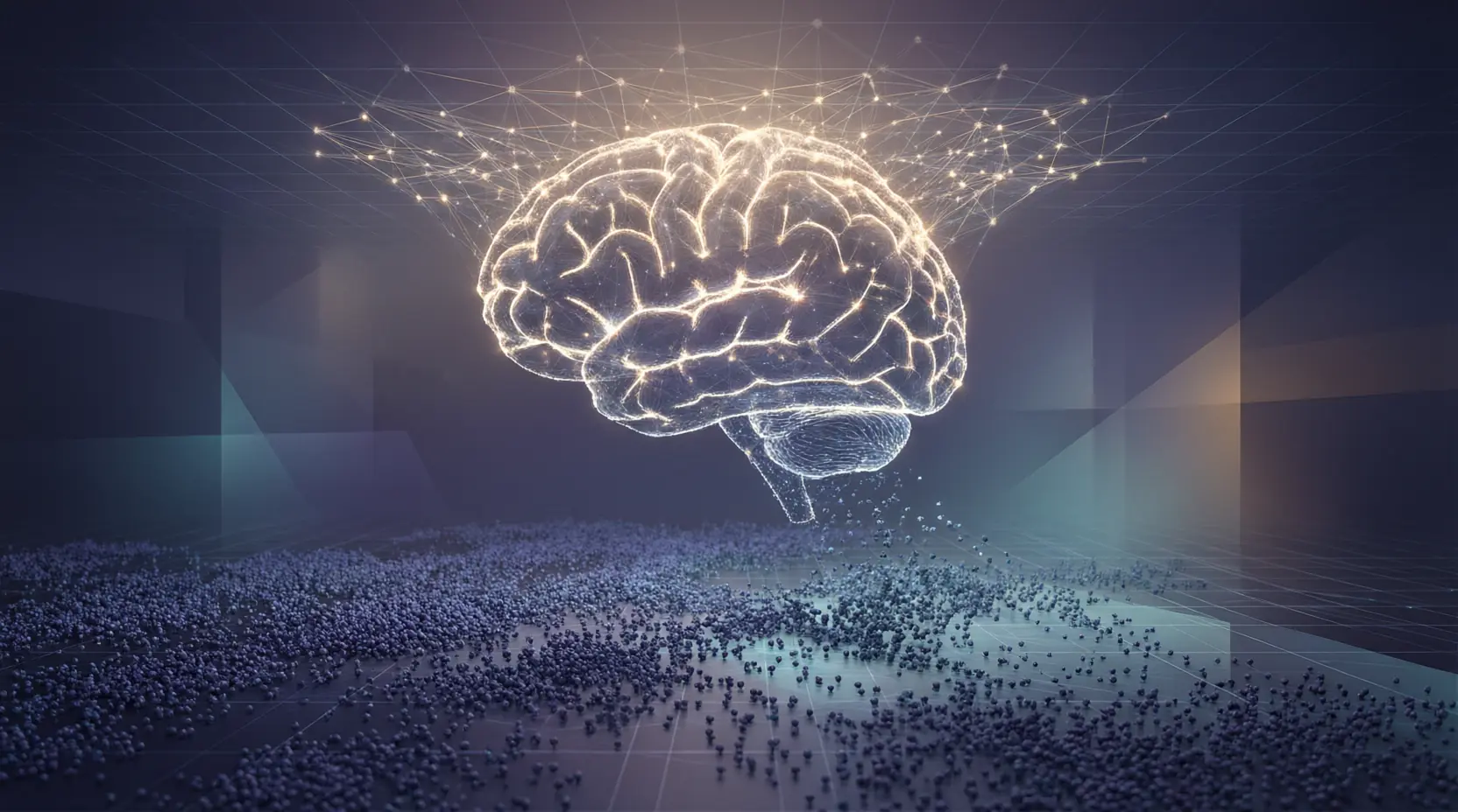 A luminous cognitive structure emerging above a field, representing organized inference beyond raw scale