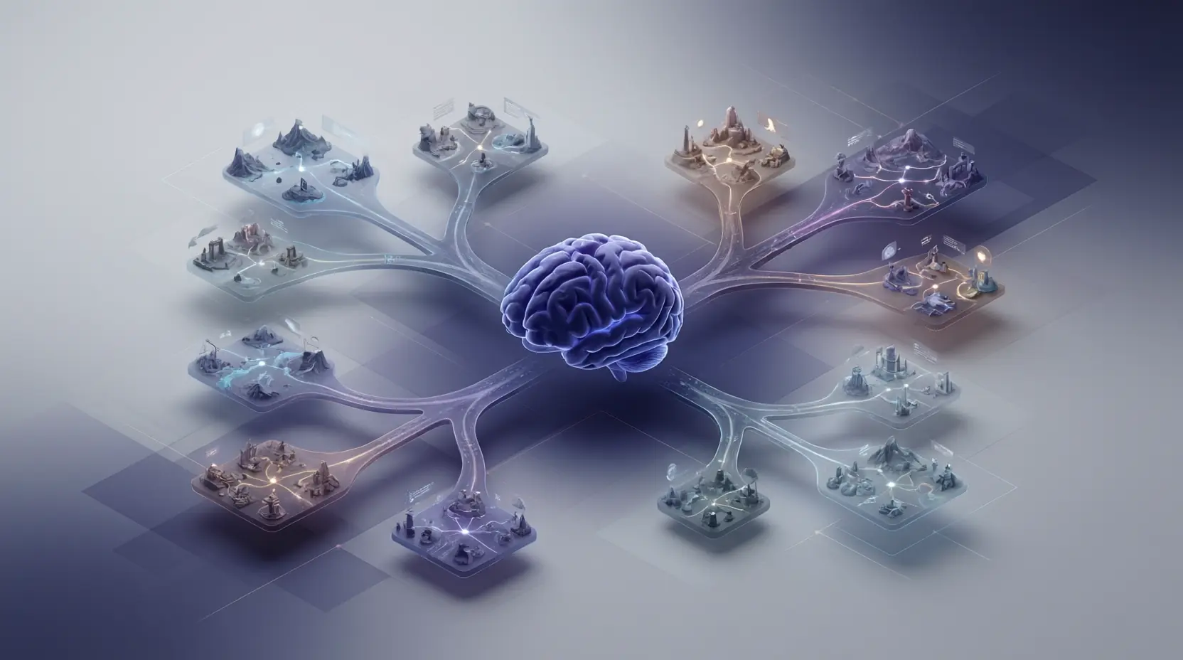 A central cognitive model branching into multiple interactive scenes