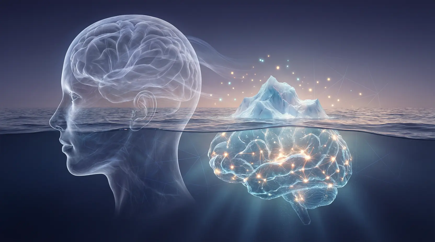 A human profile with a visible mind above a submerged layer, representing latent mental states beneath language